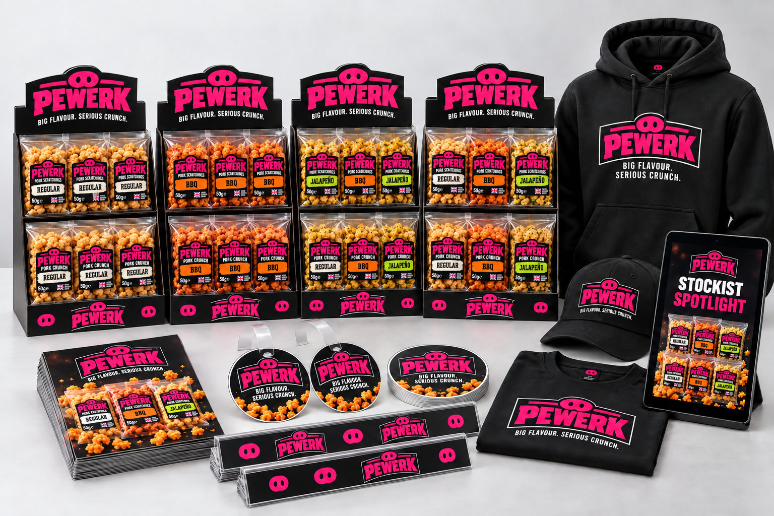 The Big PEWERK: four stocked countertop displays, extra POS materials, customer leaflets, branded teamwear and a digital retailer spotlight preview