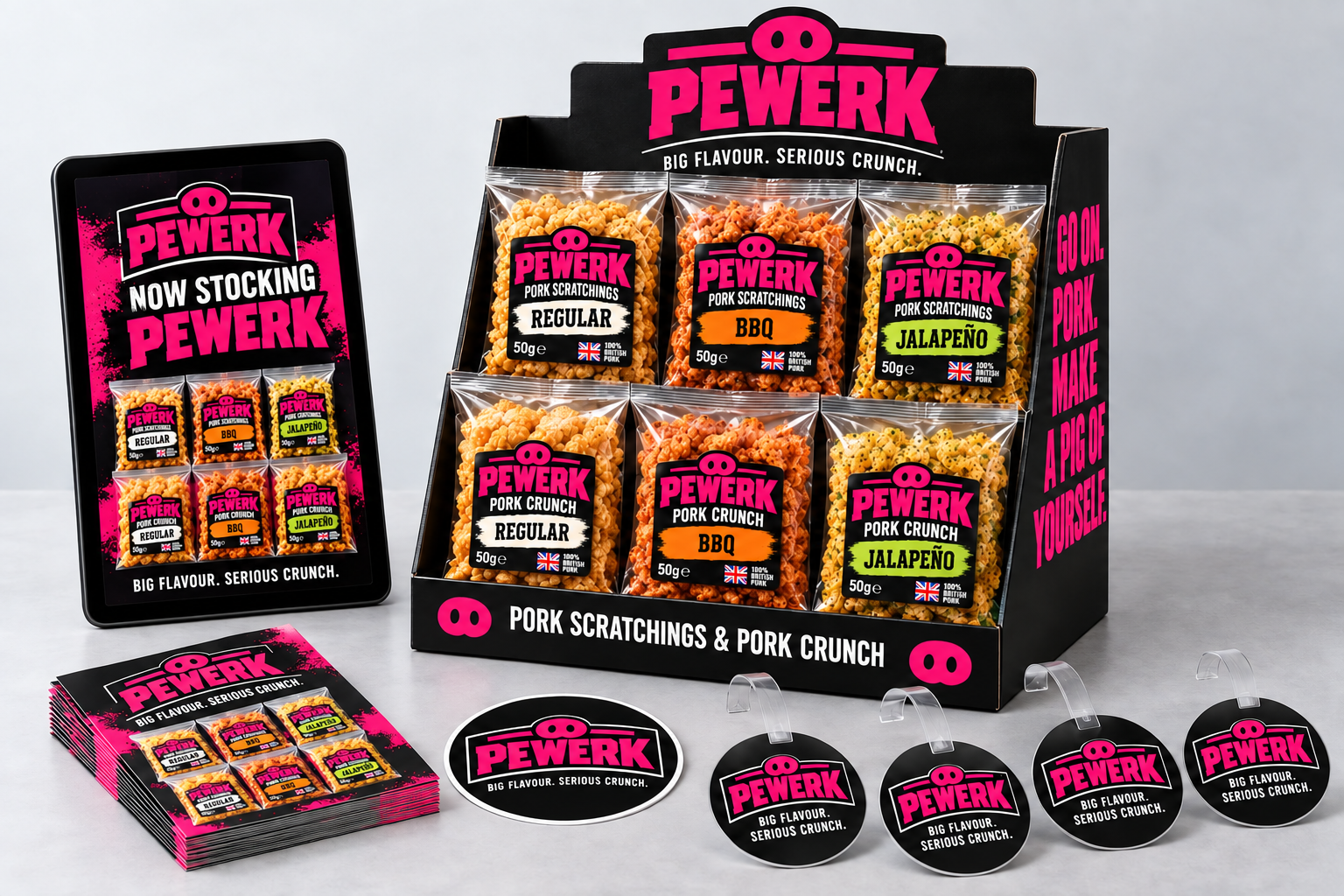 The Counter Attack bundle: one countertop display with six product samples, one window sticker, four shelf wobblers, customer leaflets and digital launch graphics