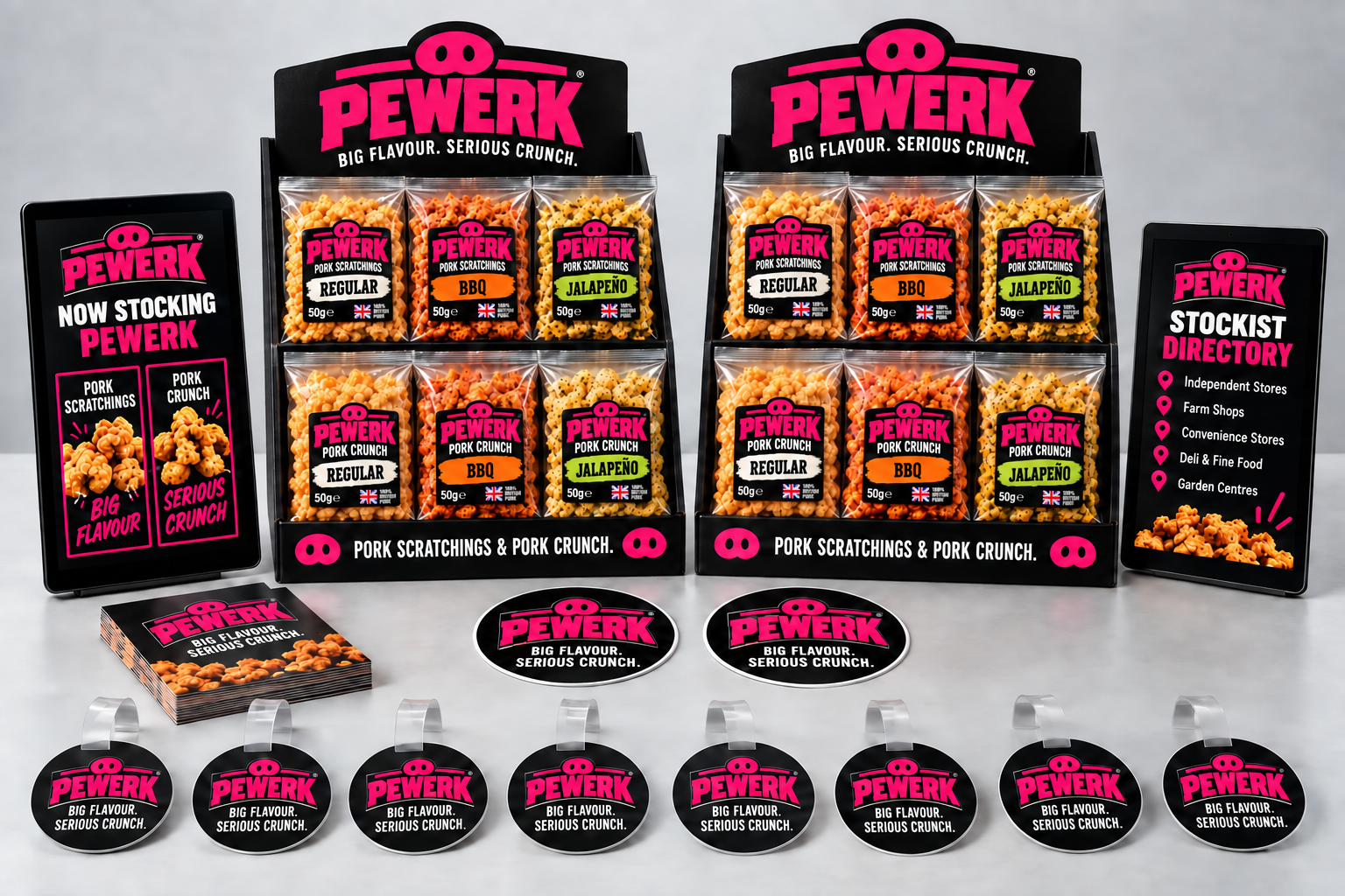The Full PEWERK bundle: two countertop displays, two window stickers, eight shelf wobblers, customer leaflets and digital stockist promotion previews