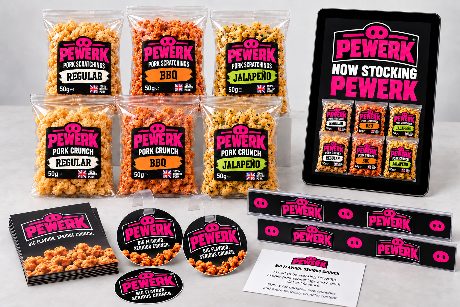 The Little PEWERK: six 50g product samples, one window sticker, two shelf wobblers, two shelf-edge strips, customer leaflets and digital launch graphics